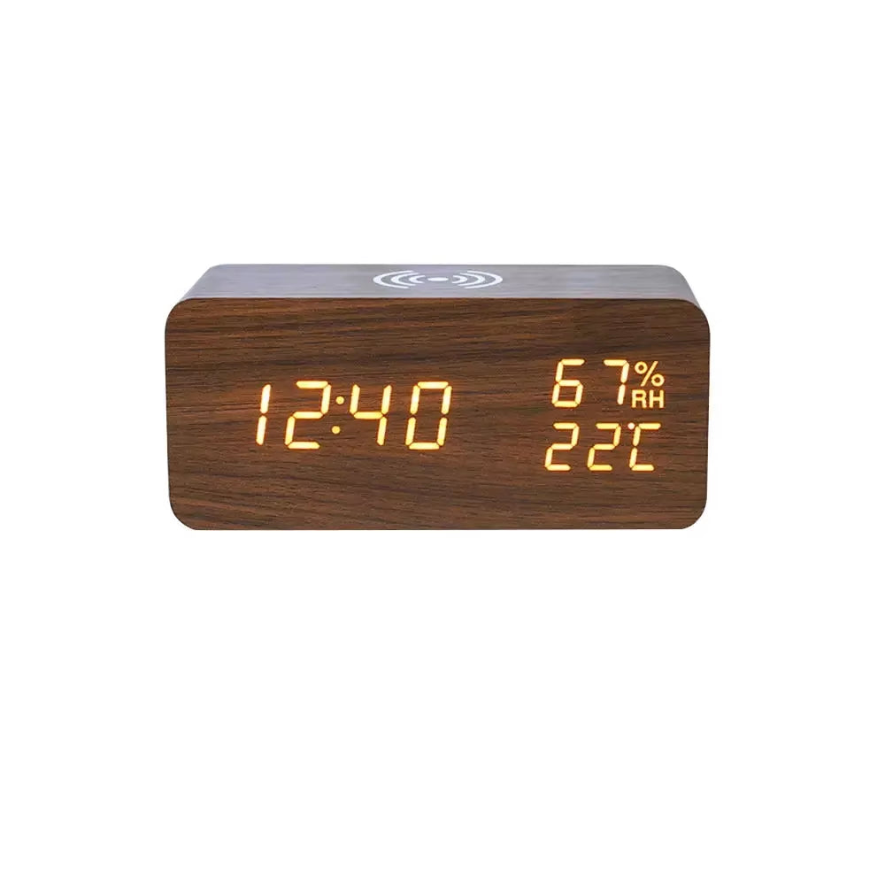 Digital Alarm Clock with Wireless Charging Home LED Small Bedside Clock with Temperature and Humidity Display Wood Grain Clock