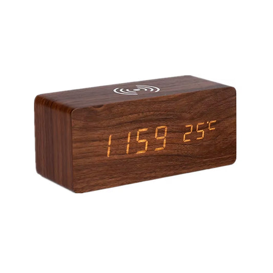 Digital Alarm Clock with Wireless Charging Home LED Small Bedside Clock with Temperature and Humidity Display Wood Grain Clock