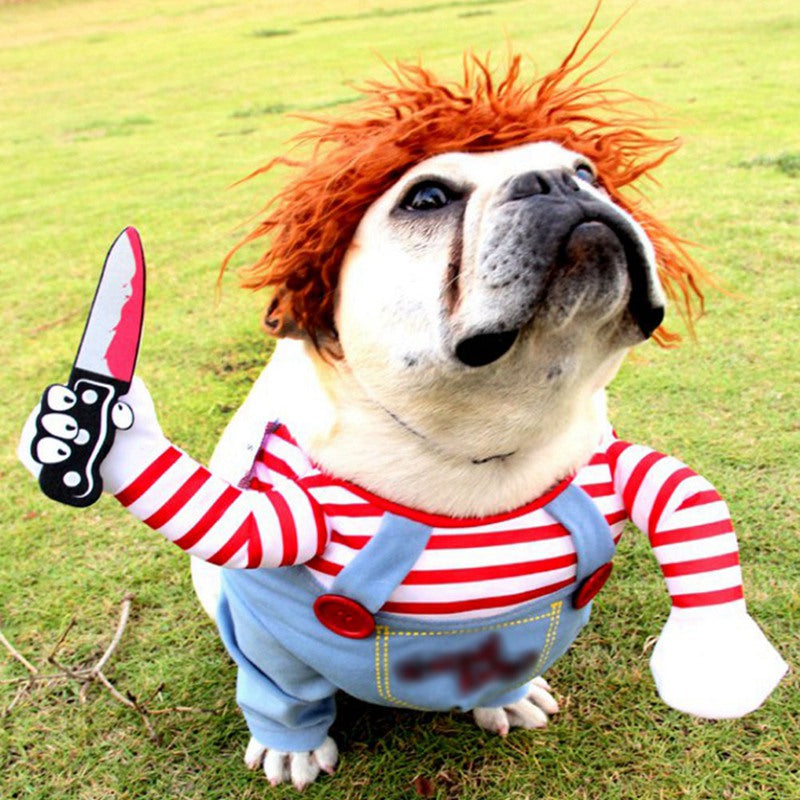 Humorous Dog Costumes for Halloween and Festivals - Comical Outfits with Knife Accessory for Pets