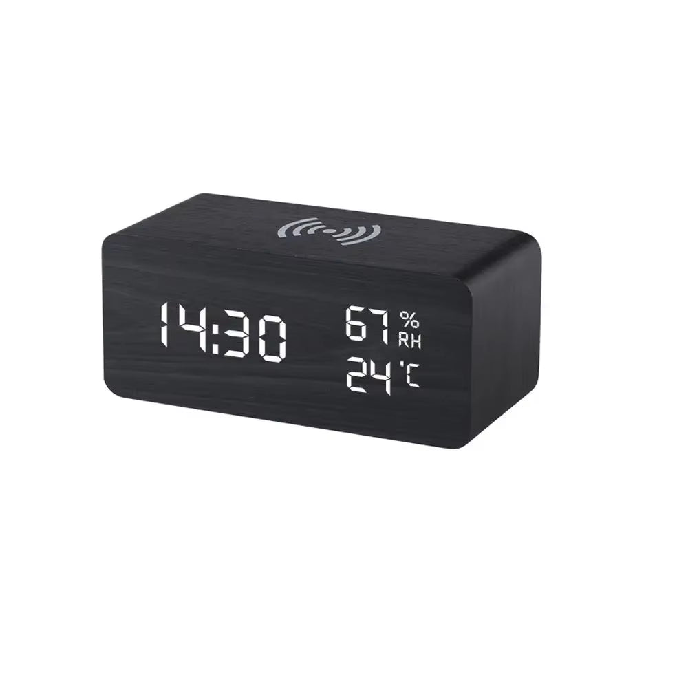 Digital Alarm Clock with Wireless Charging Home LED Small Bedside Clock with Temperature and Humidity Display Wood Grain Clock