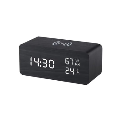 Digital Alarm Clock with Wireless Charging Home LED Small Bedside Clock with Temperature and Humidity Display Wood Grain Clock