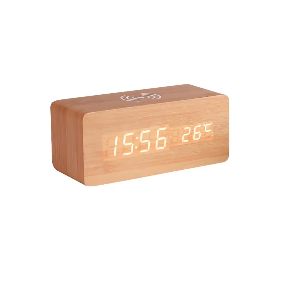 Digital Alarm Clock with Wireless Charging Home LED Small Bedside Clock with Temperature and Humidity Display Wood Grain Clock