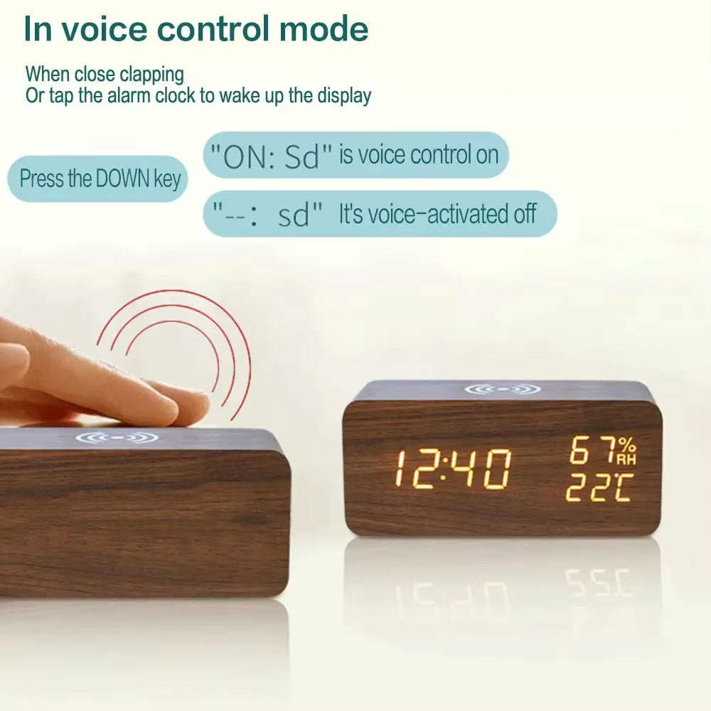 Digital Alarm Clock with Wireless Charging Home LED Small Bedside Clock with Temperature and Humidity Display Wood Grain Clock