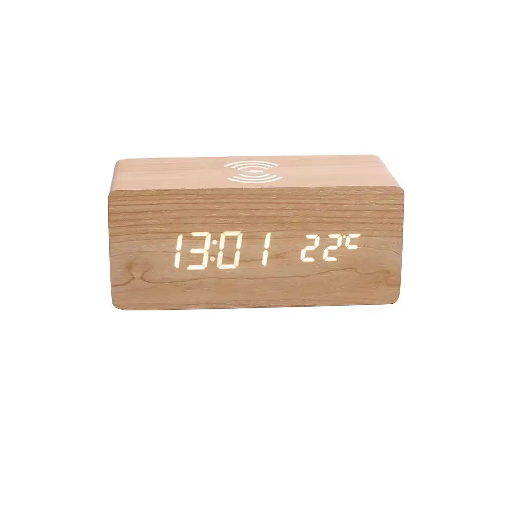 Digital Alarm Clock with Wireless Charging Home LED Small Bedside Clock with Temperature and Humidity Display Wood Grain Clock