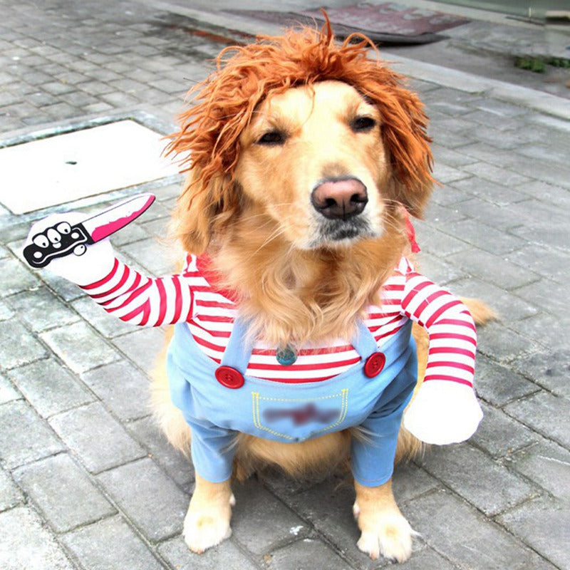 Humorous Dog Costumes for Halloween and Festivals - Comical Outfits with Knife Accessory for Pets