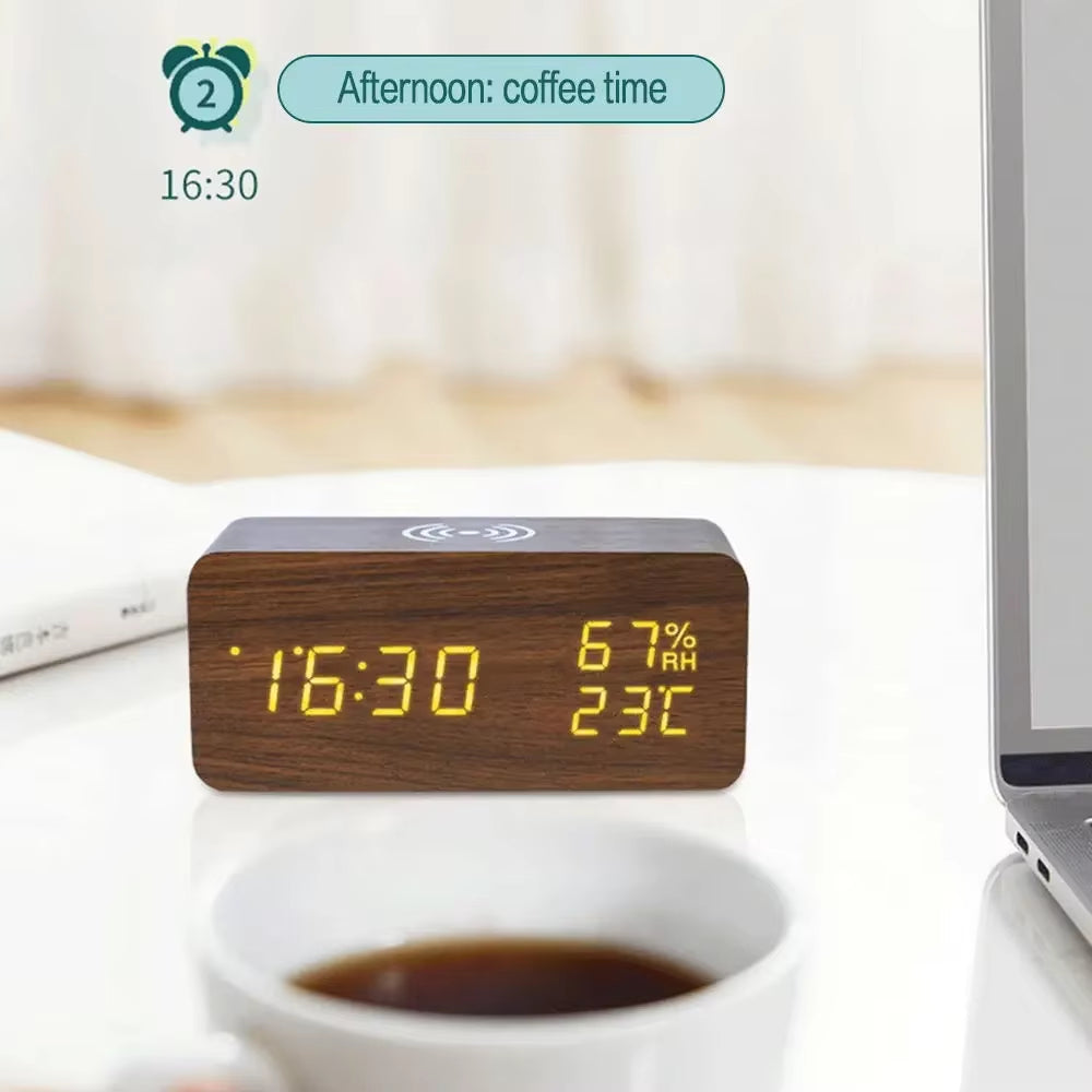 Digital Alarm Clock with Wireless Charging Home LED Small Bedside Clock with Temperature and Humidity Display Wood Grain Clock