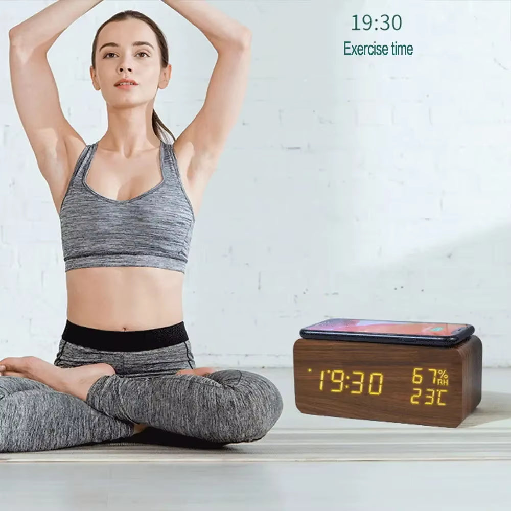 Digital Alarm Clock with Wireless Charging Home LED Small Bedside Clock with Temperature and Humidity Display Wood Grain Clock