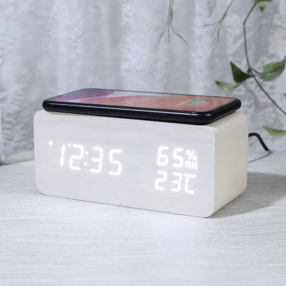 Digital Alarm Clock with Wireless Charging Home LED Small Bedside Clock with Temperature and Humidity Display Wood Grain Clock