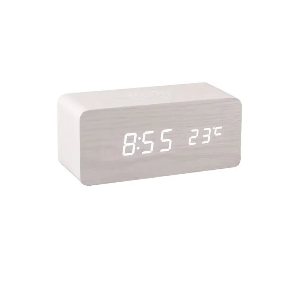 Digital Alarm Clock with Wireless Charging Home LED Small Bedside Clock with Temperature and Humidity Display Wood Grain Clock