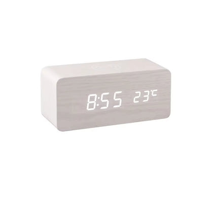 Digital Alarm Clock with Wireless Charging Home LED Small Bedside Clock with Temperature and Humidity Display Wood Grain Clock