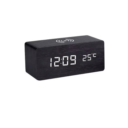 Digital Alarm Clock with Wireless Charging Home LED Small Bedside Clock with Temperature and Humidity Display Wood Grain Clock