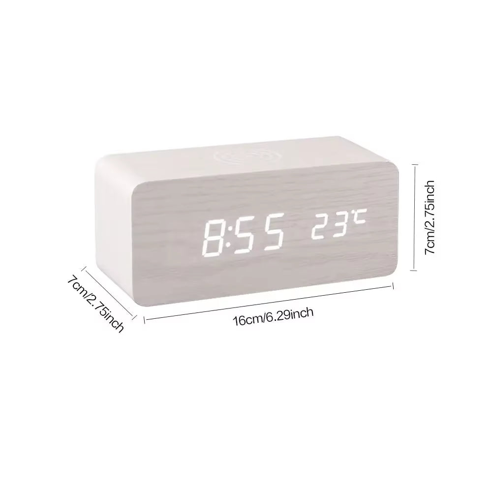 Digital Alarm Clock with Wireless Charging Home LED Small Bedside Clock with Temperature and Humidity Display Wood Grain Clock