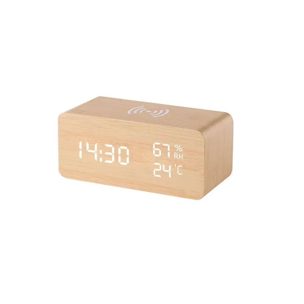 Digital Alarm Clock with Wireless Charging Home LED Small Bedside Clock with Temperature and Humidity Display Wood Grain Clock