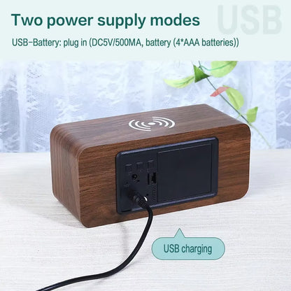 Digital Alarm Clock with Wireless Charging Home LED Small Bedside Clock with Temperature and Humidity Display Wood Grain Clock